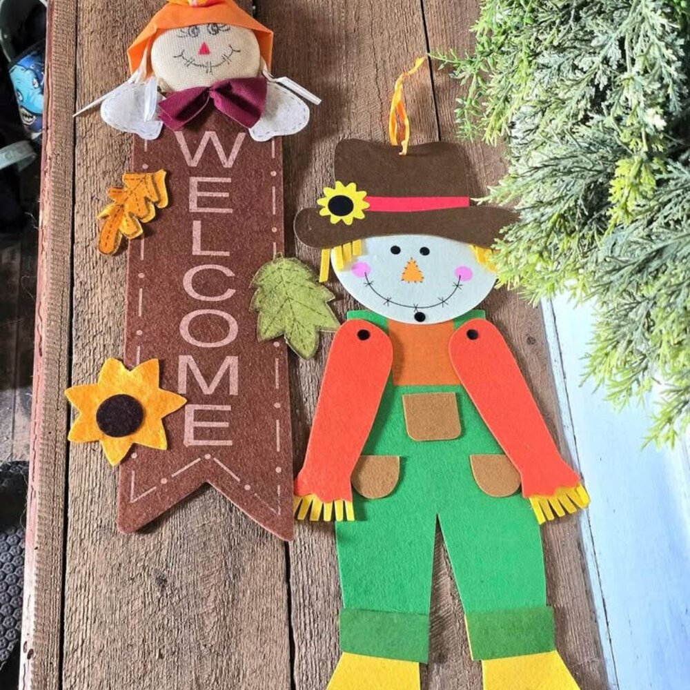 Welcome Scarecrow Wall Hanging Sign Primitive Fall Harvest Thanksgiving Decor